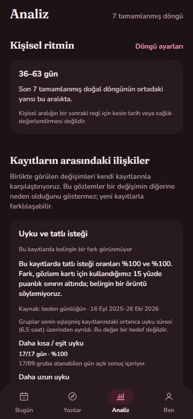 Munis analiz ekranı: kişisel ritim ve kayıtların arasındaki ilişkiler