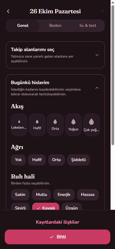 Munis günlük kayıt ekranı: akış, ağrı ve ruh hali seçenekleri